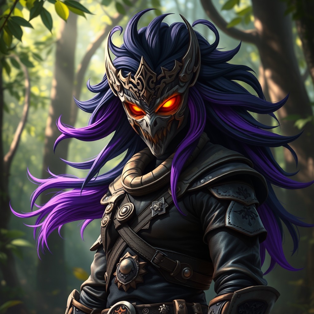 A fierce hunter character standing in a lush, enchanted forest, wearing an ornate mask with glowing amber eyes that pierce through the dim light