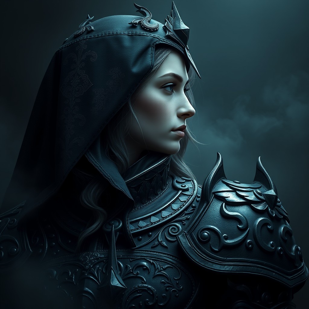 A captivating profile picture of Ladyship Mordalus, the Night Marshal, embodying calmness and calculation