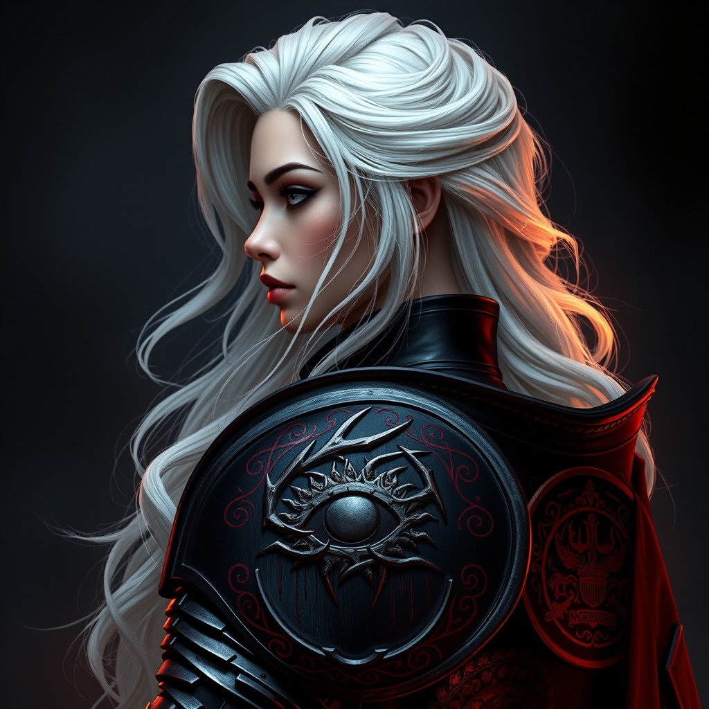 A captivating profile picture of Ladyship Mordalus, the Night Marshal, depicted with long wavy white hair styled half up and half down, which frames her round cheeky face