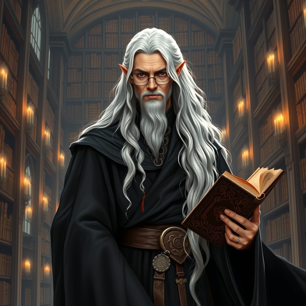 A majestic High Elf character inspired by the Lord of the Rings, with long flowing white hair and wearing elegant glasses