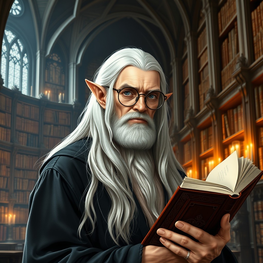 A mid-aged High Elf inspired by the Lord of the Rings, featuring long flowing white hair and elegant glasses