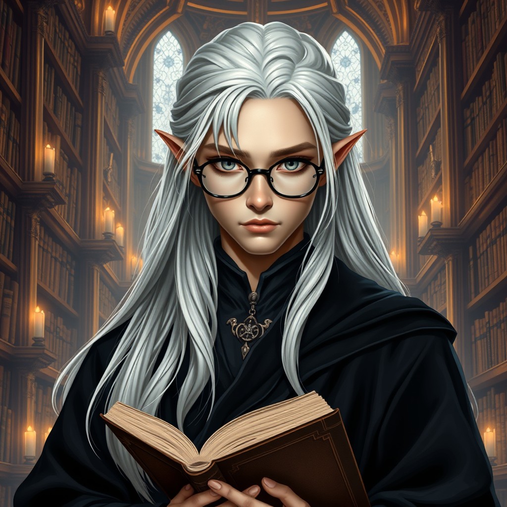 A young adult High Elf inspired by the Lord of the Rings, featuring long flowing white hair and elegant glasses