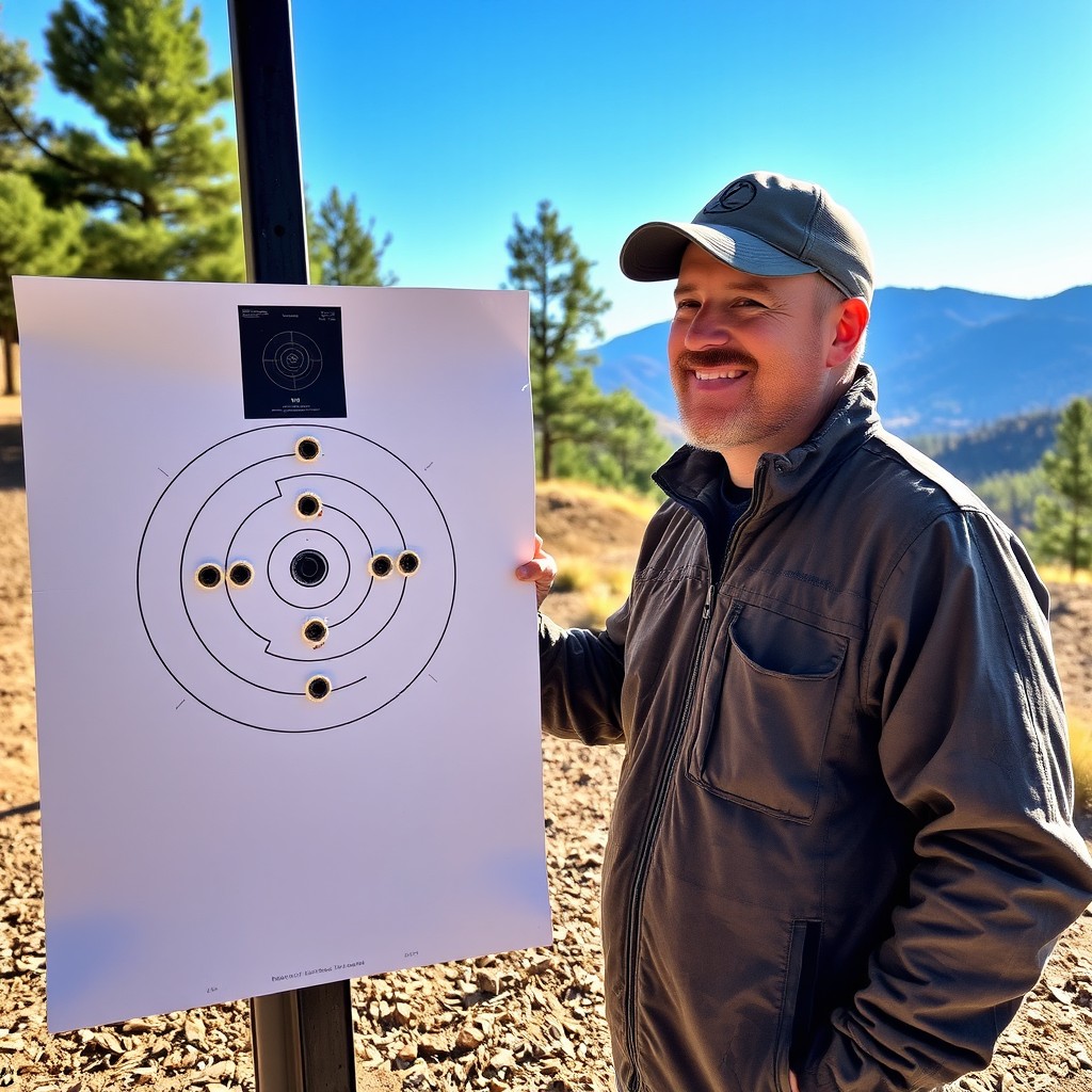 A man standing proudly at a shooting range, looking at his target with a satisfied expression