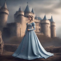 A princess in an elegant gown, standing in front of an ancient castle under a smoky sky.