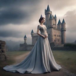 A princess in an elegant gown, standing in front of an ancient castle under a smoky sky.