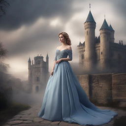 A princess in an elegant gown, standing in front of an ancient castle under a smoky sky.