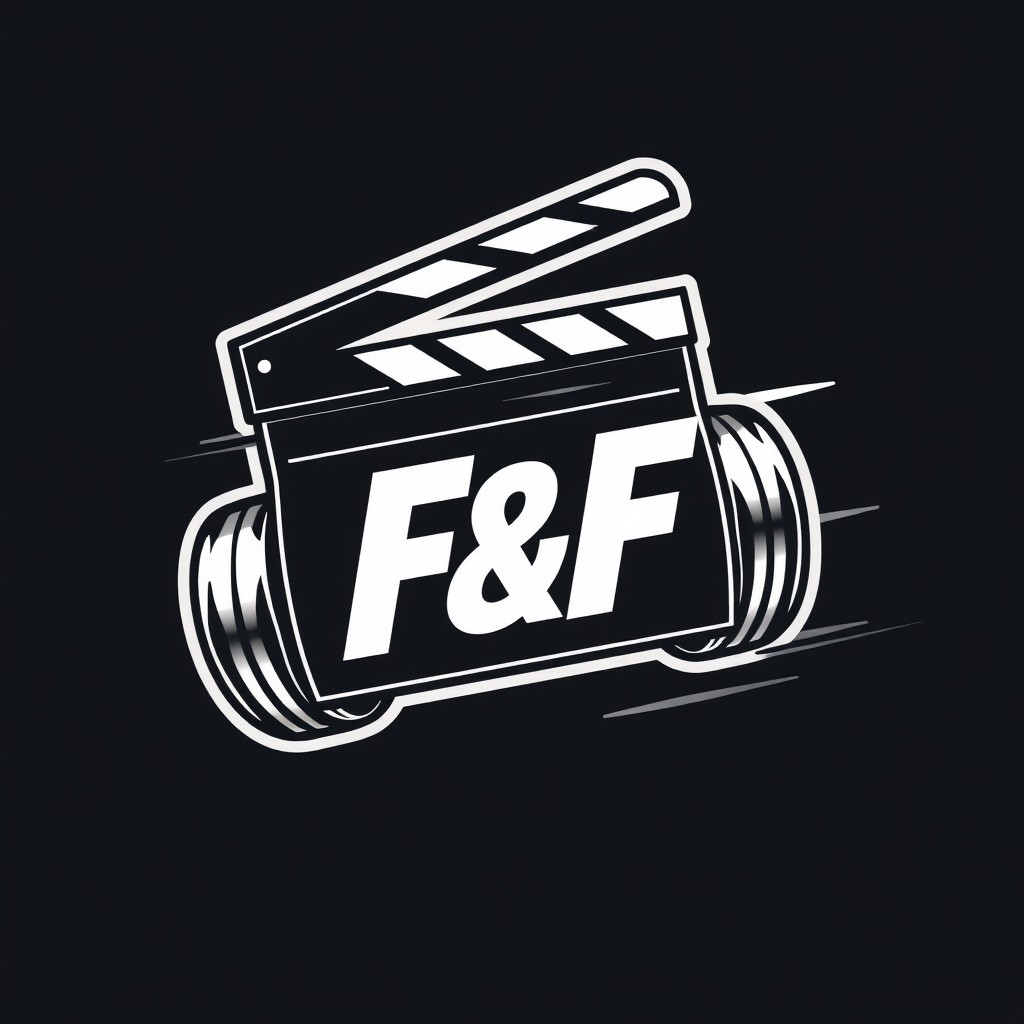 A logo design featuring a clapperboard as the central element, with two stylized wheels attached to it, symbolizing motion and speed