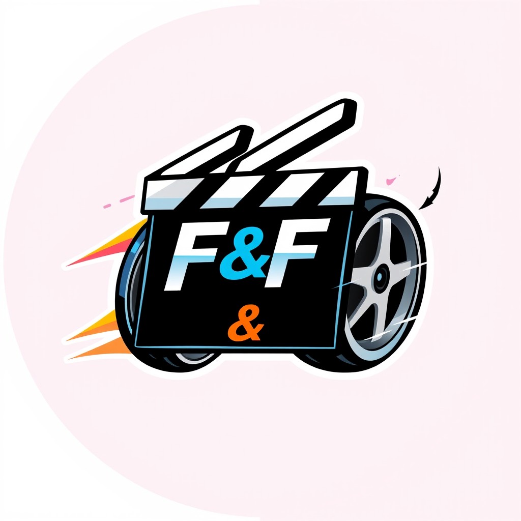 A cool logo design featuring a clapperboard at the center, integrated with two sleek, modern wheels to convey a sense of speed and motion