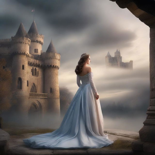 A princess in an elegant gown, standing in front of an ancient castle under a smoky sky.