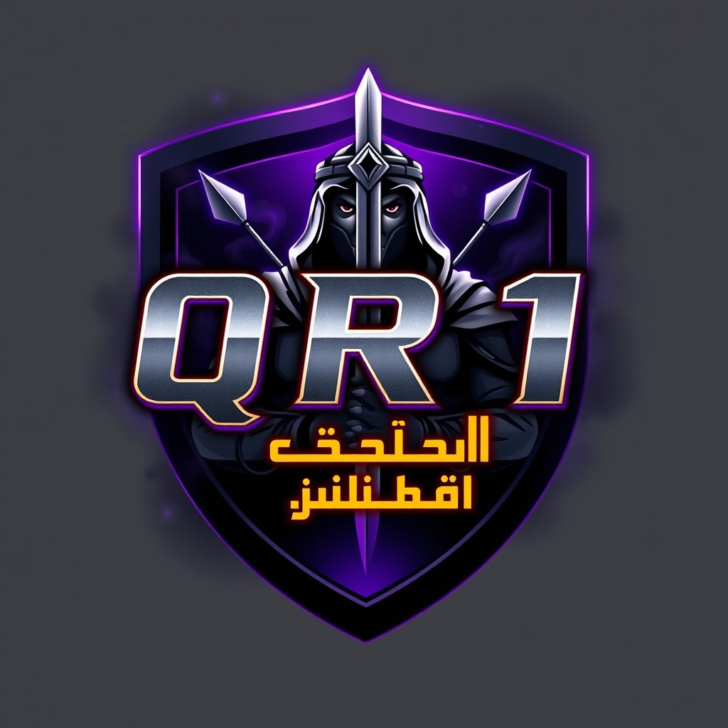 Logo design in an e-sports gaming style featuring the main text 'QR¹' in metallic silver color with a glowing purple outline, displayed in bold sharp gaming font and prominently centered in a large size