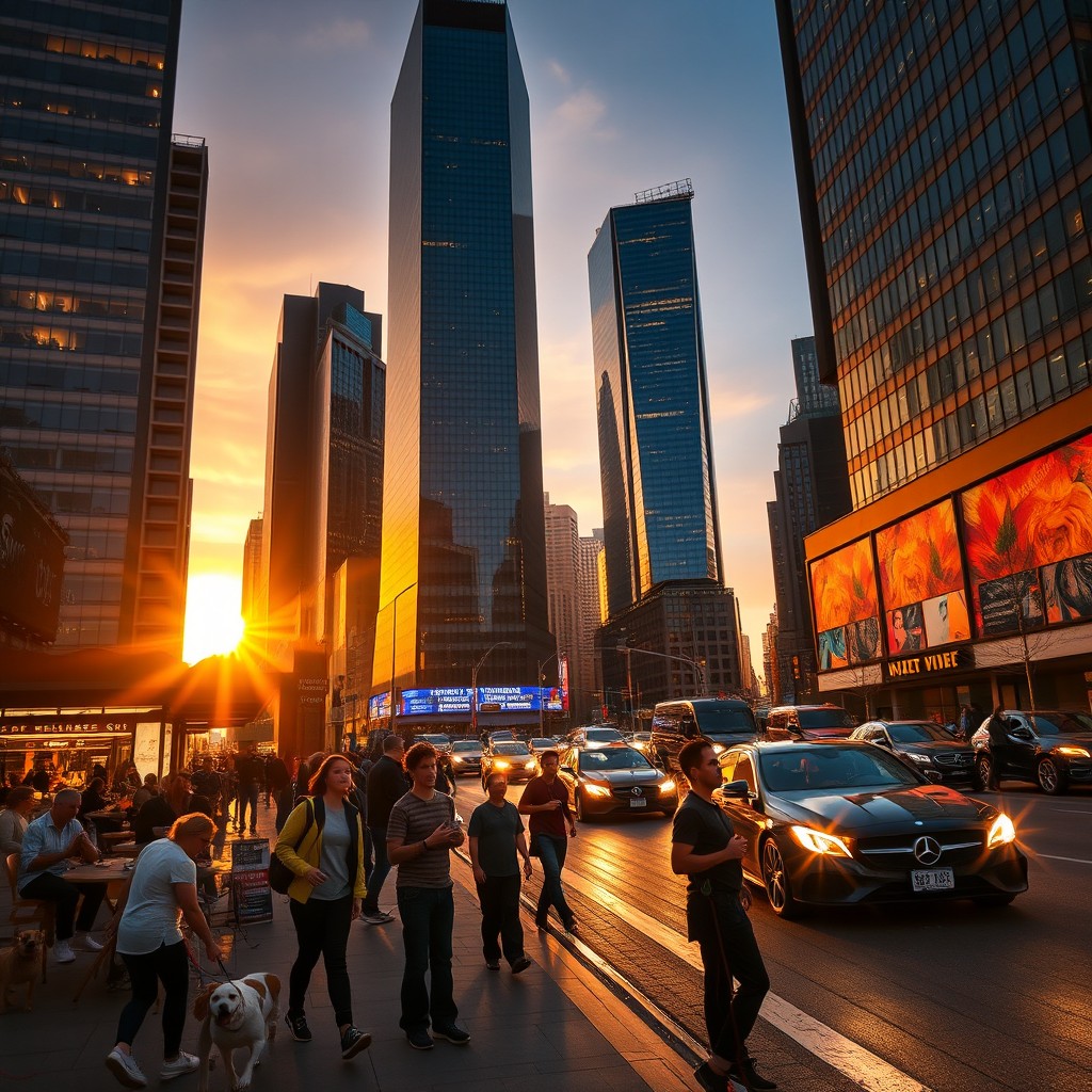 A dynamic, high-energy video showcasing a vibrant cityscape during sunset