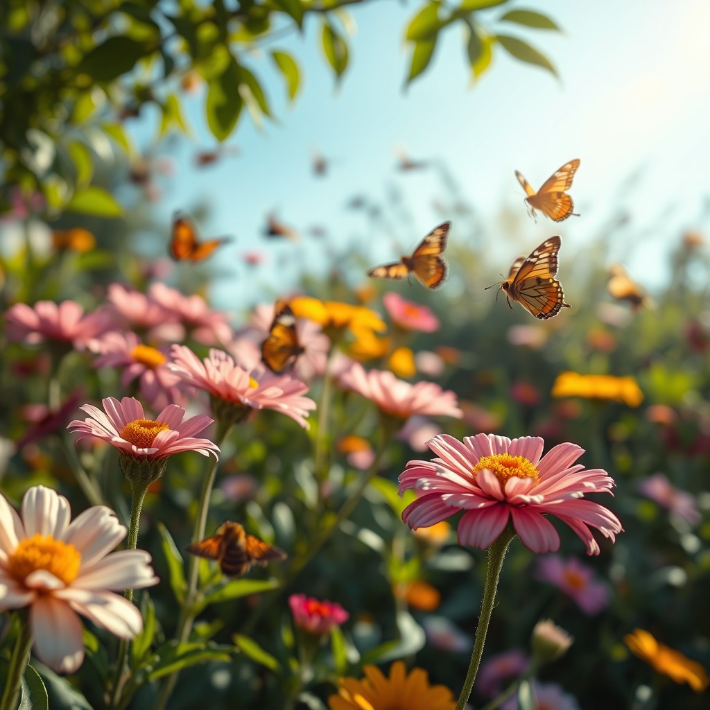 A serene and picturesque video of a blooming flower garden, with a focus on various vibrant flowers swaying gently in the breeze