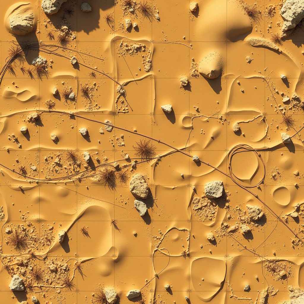 An expansive desert landscape tiled with a grid of 64x64 tiles, each consisting of 32x32 pixel tiles
