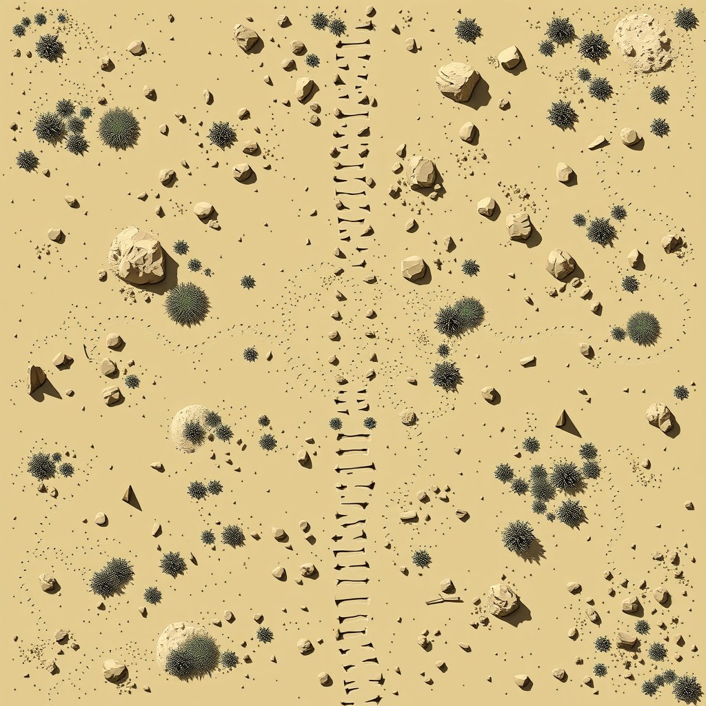 A top-down view of a desert landscape inspired by Fallout 1, featuring a tileset of 64x64 dimensions with tiles sized 32x32