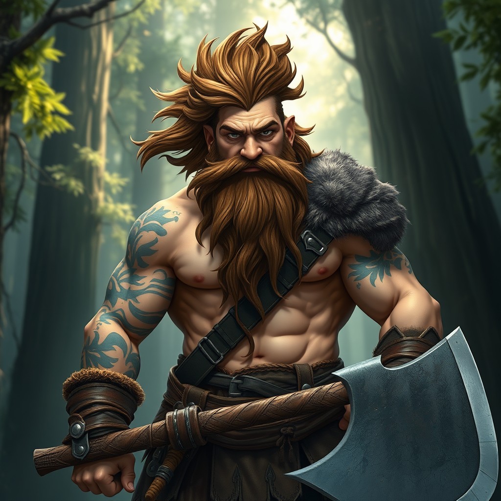 A strong dwarf barbarian with brown hair styled in a wild manner, featuring a thick, intricately braided beard