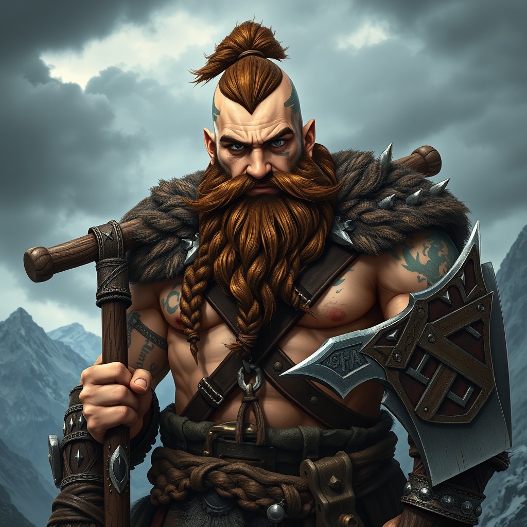 A male dwarf barbarian with brown hair, shaved on the sides and long, intricately braided beard that flows down to his chest