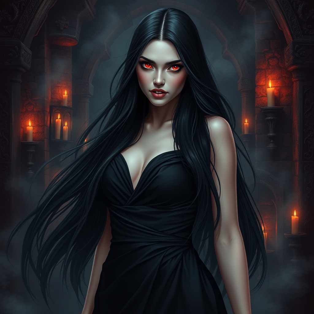 A stunningly beautiful vampire with long flowing black hair and glowing red eyes, standing in a dark, gothic setting