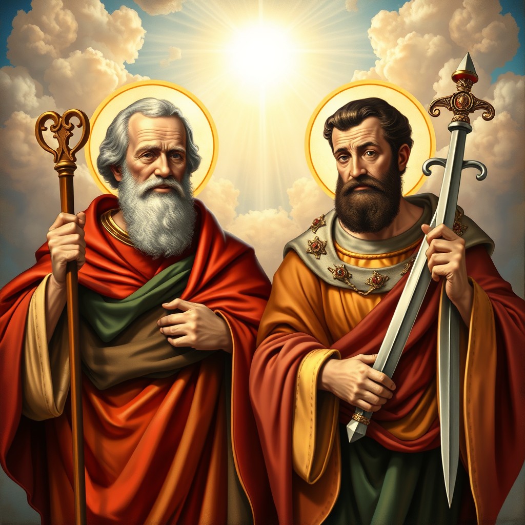 A vibrant and colorful depiction of San Pedro and San Pablo (Saint Peter and Saint Paul) as portrayed in classical religious art, both holding their traditional symbols - San Pedro with a set of keys and San Pablo with a sword