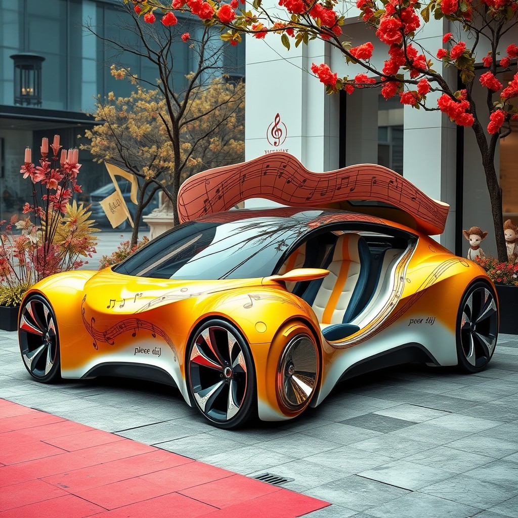 A concept car designed with a youthful and artistic spirit, reflecting the essence of a 17-year-old girl who sings beautifully, plays the piano, and reads poetry