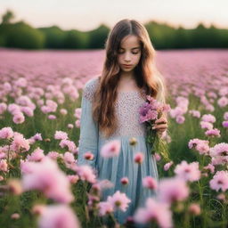 A girl experiencing a moment of awe as she beholds a field of beautiful, blooming flowers.