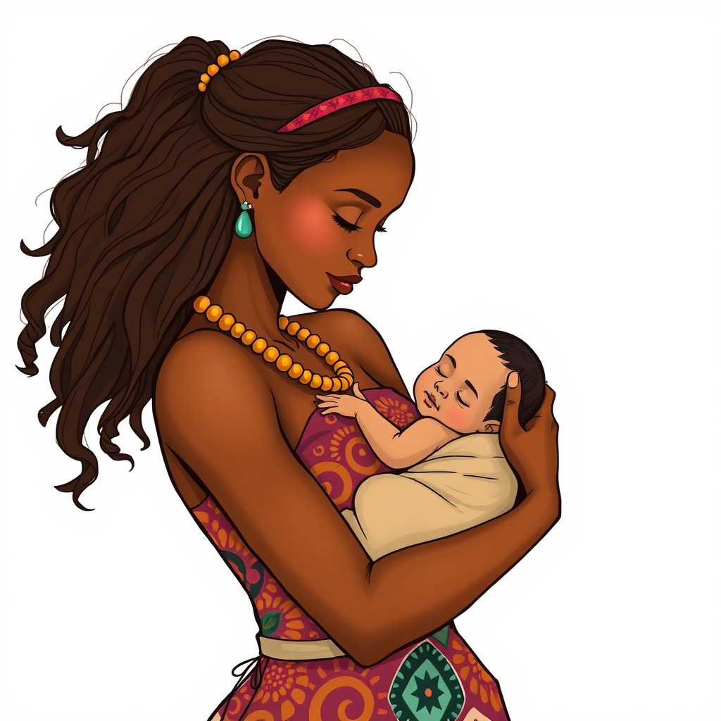 A beautiful sketch of an African woman gently holding a baby in her arms