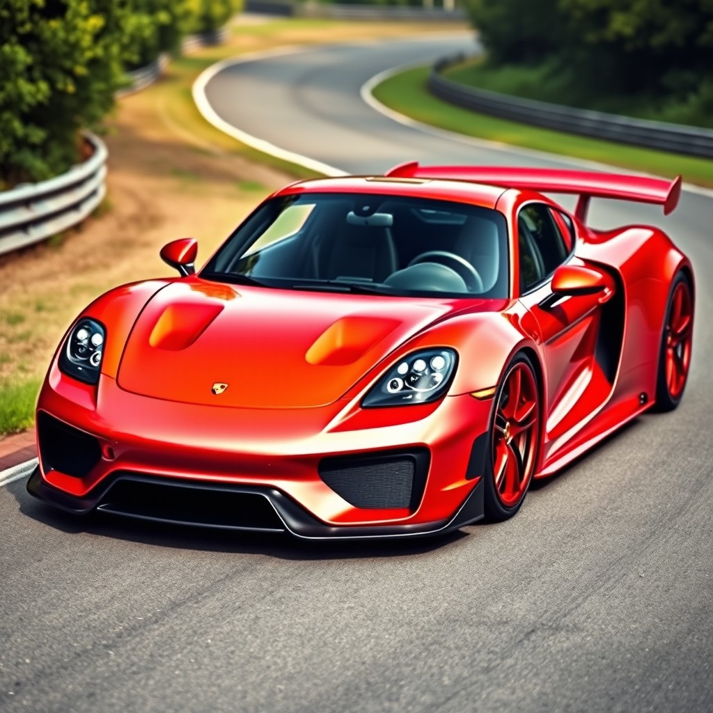 A striking Porsche hypercar with a sleek design, showcased in a vibrant color such as metallic silver or bright red