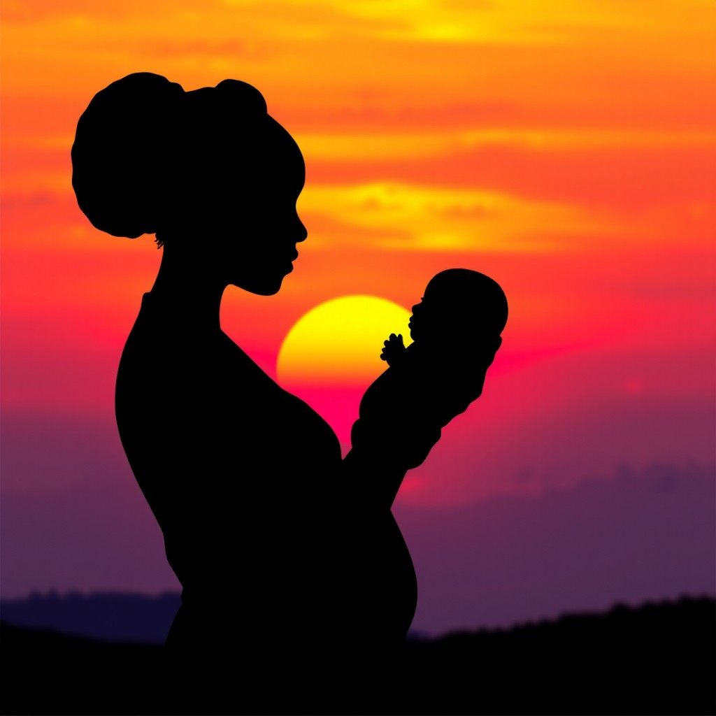 A beautiful silhouette sketch of an African woman gracefully holding a baby against a stunning sunset backdrop