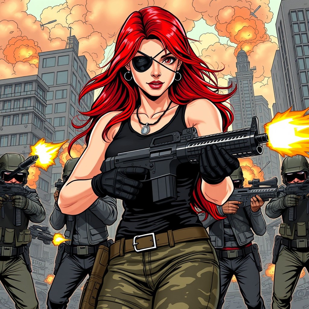 An American comic book style illustration showcasing a beautiful 30-year-old woman with an athletic build and vibrant long loose red hair