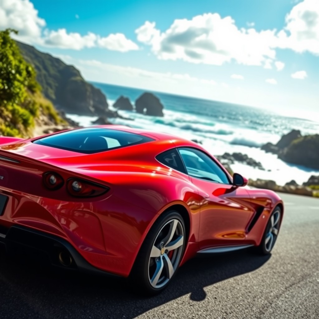 A shiny red sports car parked on a scenic coastal road, with waves crashing against the rocks in the background