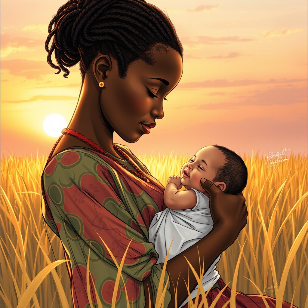 A beautiful sketch of an African woman cradling her newborn baby in her arms, surrounded by a lush grass field