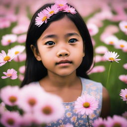 A girl experiencing a moment of awe as she beholds a field of beautiful, blooming flowers.