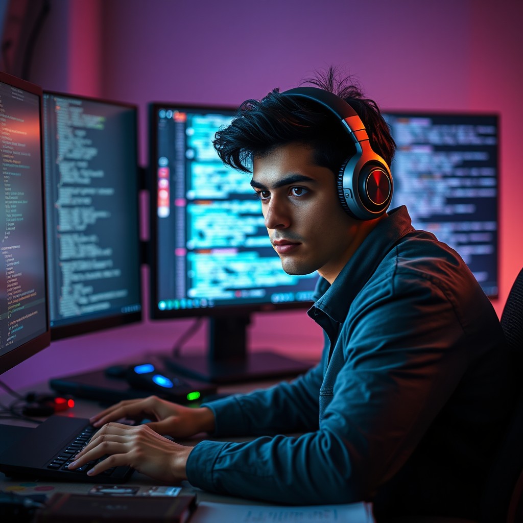 A black-haired coder with brown eyes, sitting in a modern workspace surrounded by multiple computer screens displaying lines of code