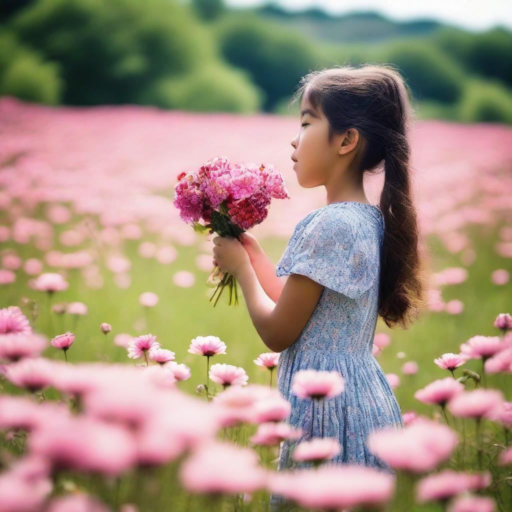 A girl experiencing a moment of awe as she beholds a field of beautiful, blooming flowers.