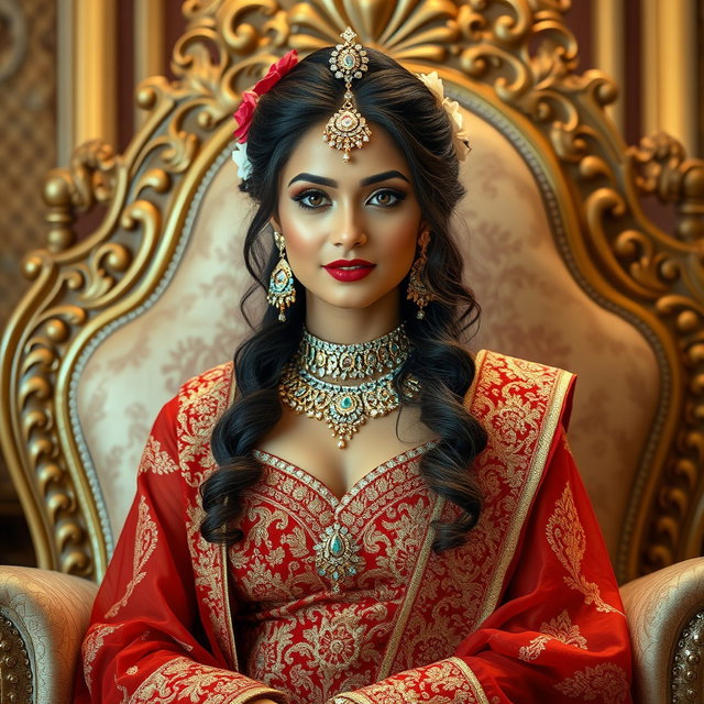 A stunning Indian queen adorned in traditional royal attire, featuring an intricately designed lehenga with gold and red embroidery, embellished with jewels