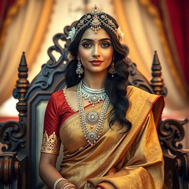 A beautiful Indian queen dressed in a luxurious traditional saree embossed with intricate gold embroidery and gemstones