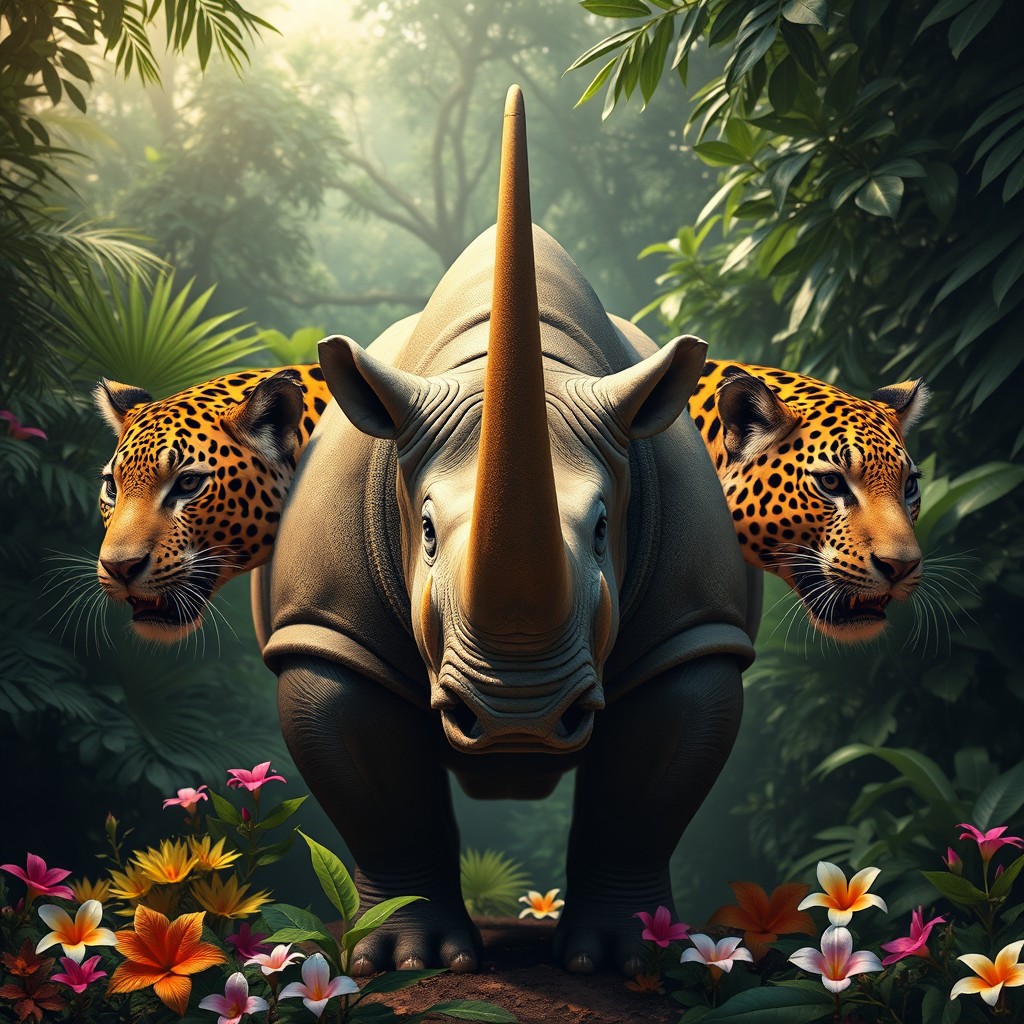 An extraordinary three-headed creature that fuses the powerful body of a rhinoceros with the striking heads of leopards