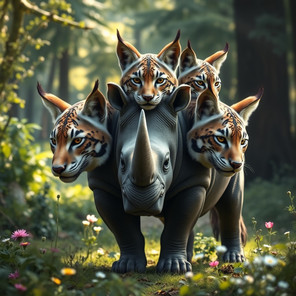 An extraordinary three-headed creature that combines the powerful body of a rhinoceros with the graceful heads of lynxes