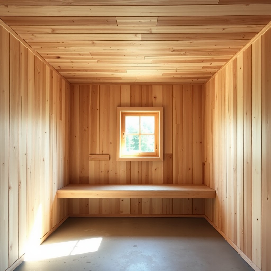 A newly built sauna interior with finished wooden walls and ceiling