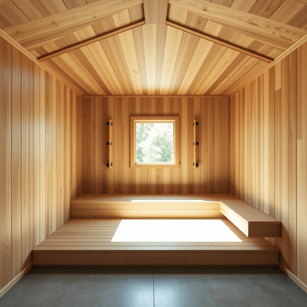 A modern sauna interior featuring elegant wooden walls and ceiling