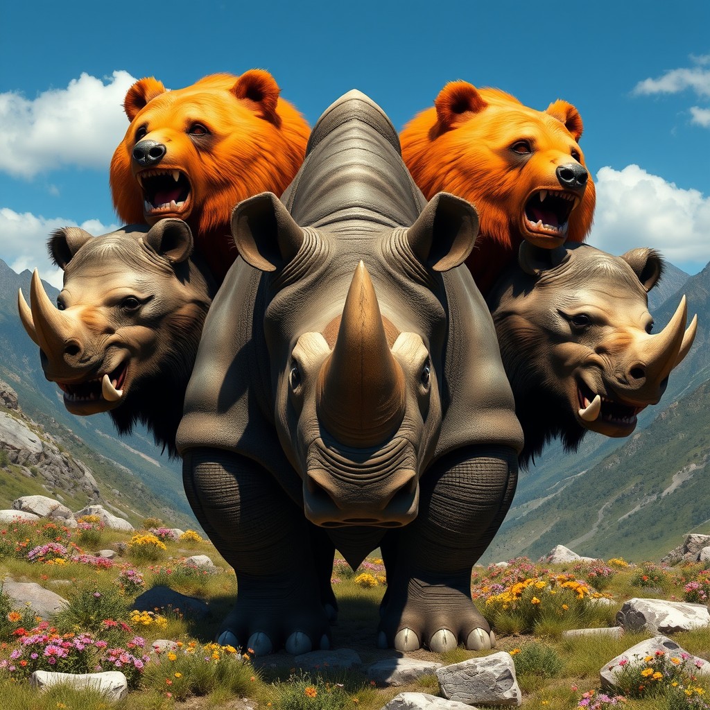 A fantastical three-headed creature that combines the immense body of a rhinoceros with the formidable heads of bears