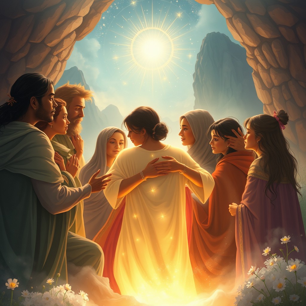 A beautiful and cinematic illustration of a 'Soul Group', depicting a diverse gathering of souls in a mystical setting, connected through glowing light and ethereal energy