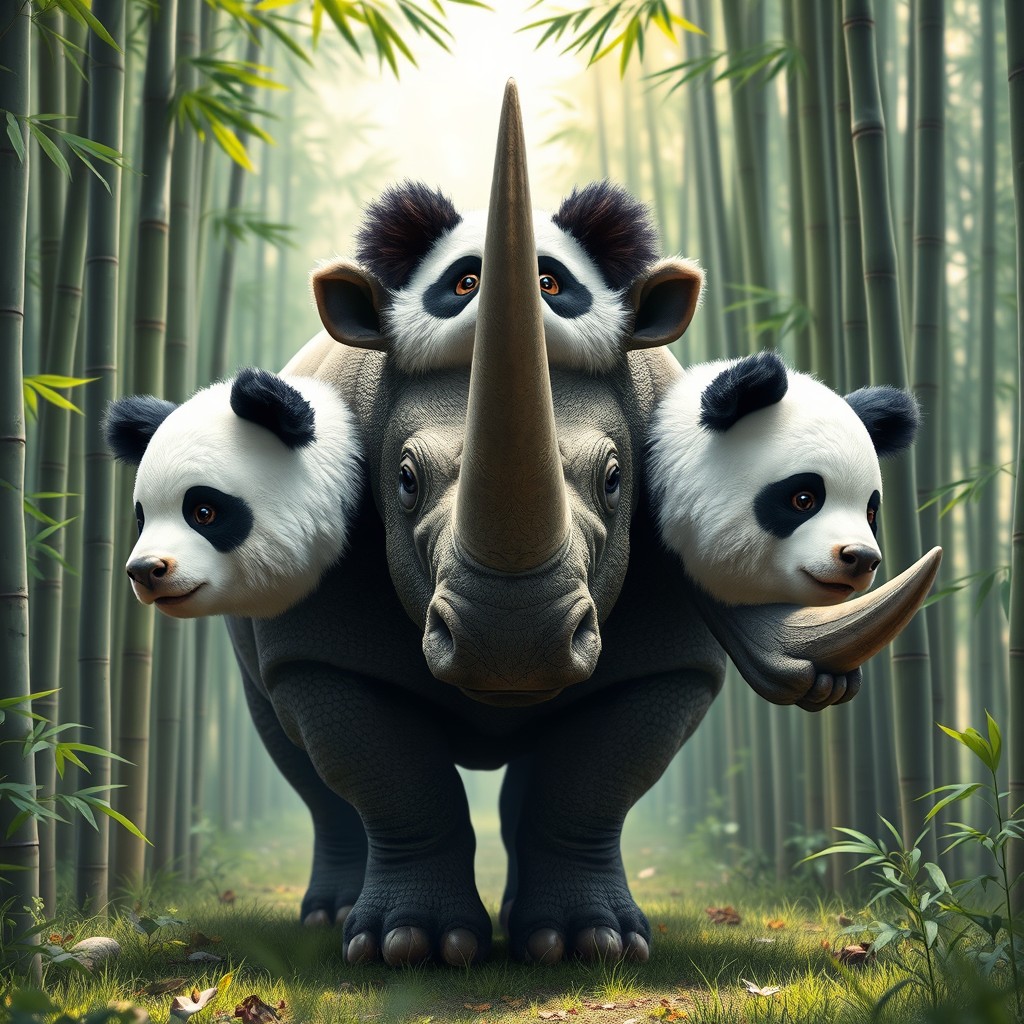 A captivating three-headed creature that combines the robust body of a rhinoceros with the adorable heads of pandas