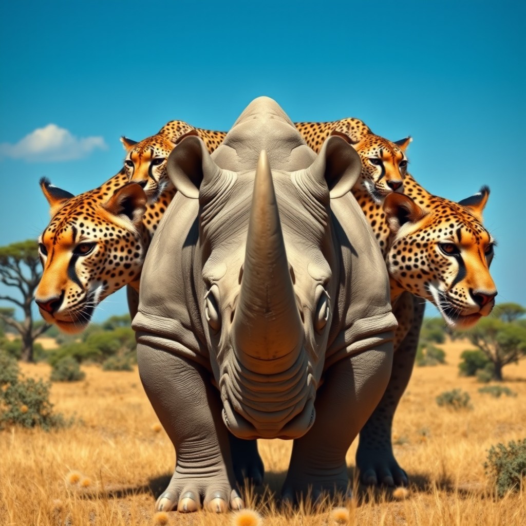 An astonishing three-headed creature that fuses the massive body of a rhinoceros with the sleek heads of cheetahs