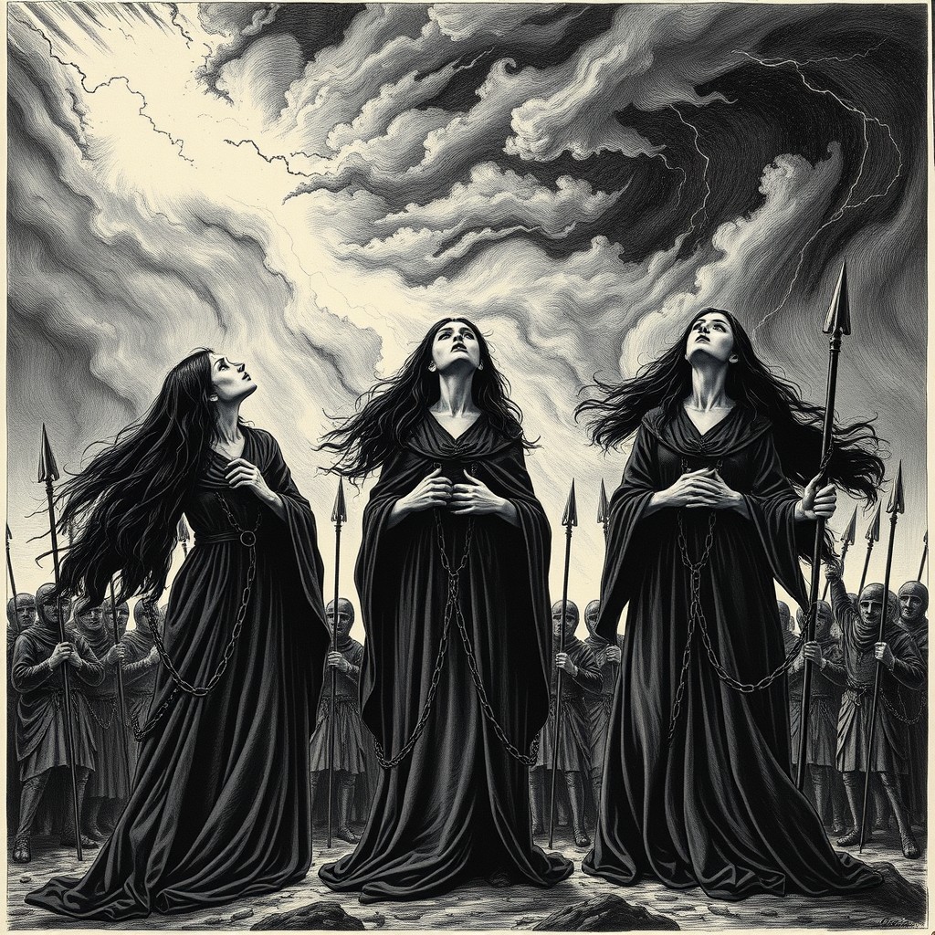 Three chained witches stand defiantly before execution, their eyes lifted to the storming sky, surrounded by a circle of medieval soldiers with raised spears