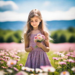 A girl experiencing a moment of awe as she beholds a field of beautiful, blooming flowers.