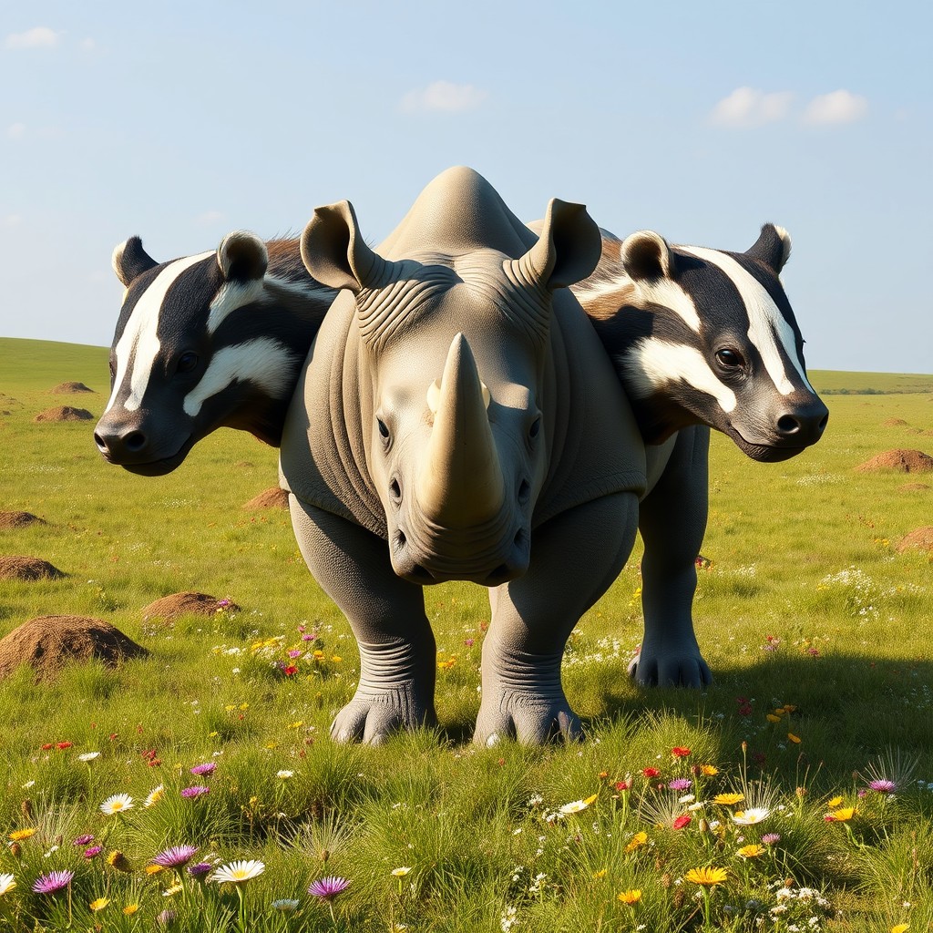An imaginative three-headed creature that melds the powerful body of a rhinoceros with the tenacious heads of badgers