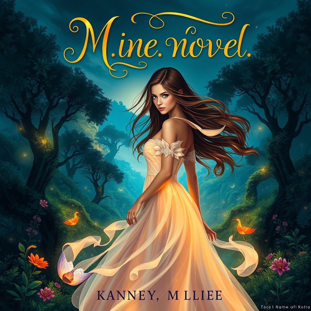 A captivating book cover design for a novel, featuring an intriguing female protagonist with flowing long hair, dressed in a mystical gown that glows softly in the twilight