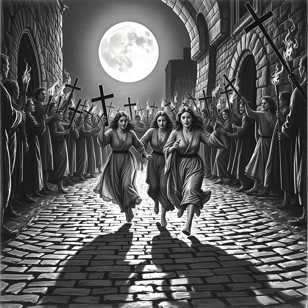 Under the pale light of a full moon, three women run barefoot through a cobbled path, their long dresses flowing in desperation as they flee from a torch-bearing crowd