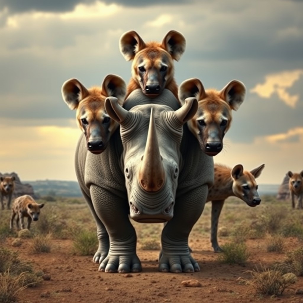 A striking three-headed creature that merges the formidable body of a rhinoceros with the cunning heads of hyenas