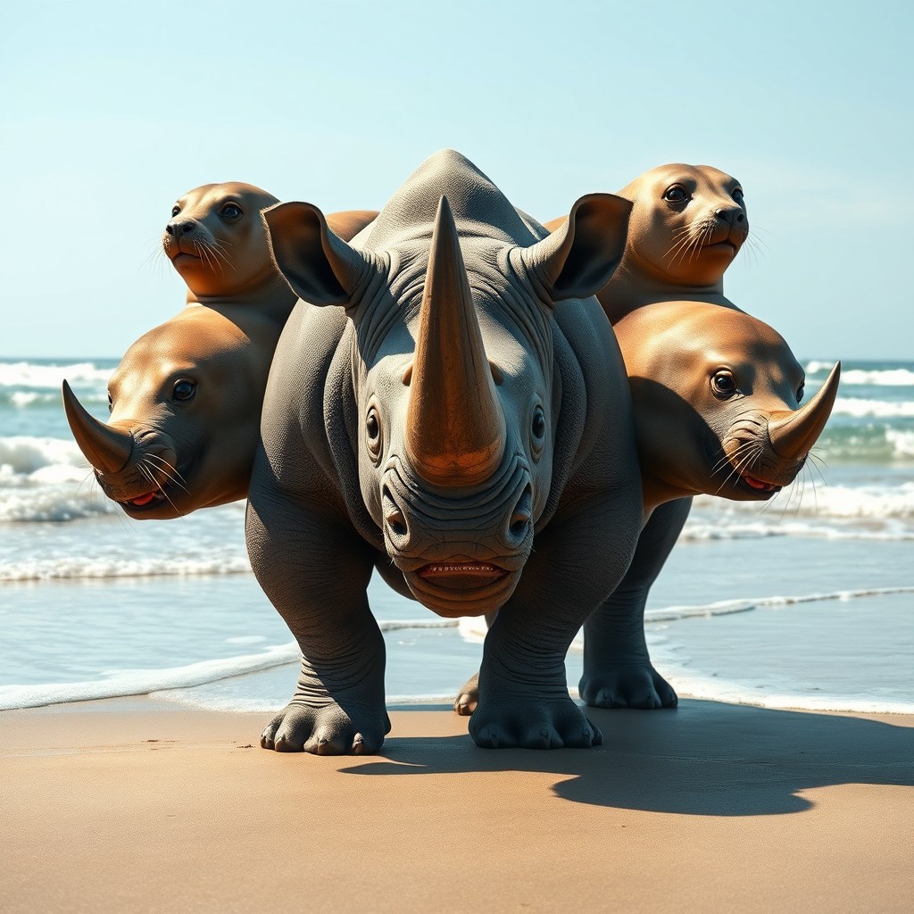 A fantastical three-headed creature that combines the sturdy body of a rhinoceros with the playful heads of seals